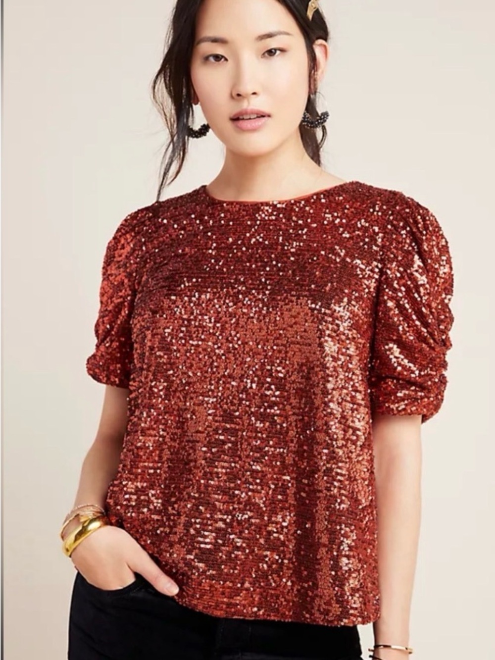 Anthropologie Copper Sequin Puff-Sleeve Blouse